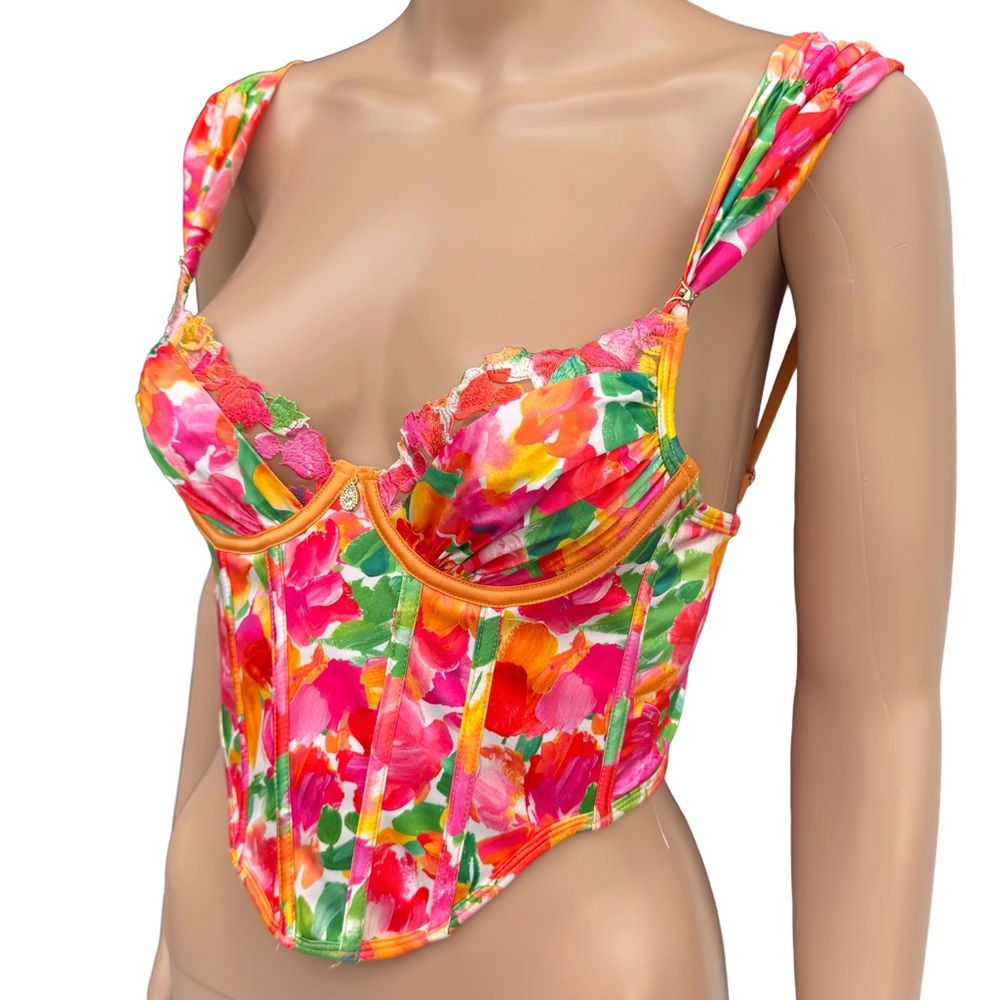 Bydee Havana Corset Top Orange Pink Watercolor Floral Print Embroidered Size XS - Picture 4 of 8